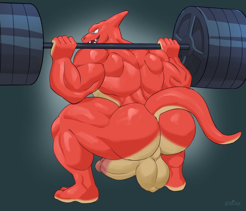 2024 absurd_res anthro ass back_muscles backsack balls barazoku barbell big_balls big_butt big_muscles big_penis black_background bubble_butt charmeleon crouching deltoids erection exercise generation_1_pokemon genitals glans hi_res horn huge_balls huge_butt huge_cock huge_muscles humanoid_genitalia humanoid_penis kemono male male_focus male_only manly muscular muscular_anthro muscular_male nintendo nude open_mouth open_smile penis perineum pokemon pokemon_(species) quads rear_view scalie simple_background smile solo squats text thick_arms thick_thighs tiburalgo triceps url weightlifting workout