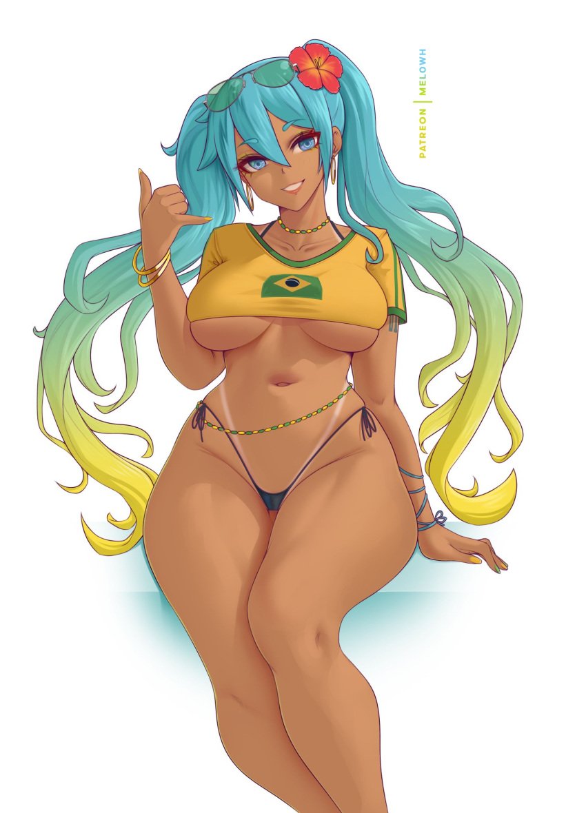 1girls 2024 artist_name ass big_ass big_breasts big_thighs bikini blue_eyes blue_hair bracelet brazil brazilian brazilian_female brazilian_miku breasts cleavage cyan_eyes cyan_hair dark-skinned_female dark_skin ear_piercing earrings female female_only flower flower_in_hair hair_flower hair_ornament hatsune_miku highres huge_ass huge_thighs large_breasts latin_american_hatsune_miku_(meme) long_hair looking_at_viewer melowh multicolored_hair navel necklace plain_background shirt solo solo_female sunglasses sunglasses_on_head tagme tan tan_body tanline thick_hips thick_thighs thighs thong twintails two_tone_hair underboob very_long_hair vocaloid watermark white_background yellow_hair yellow_shirt