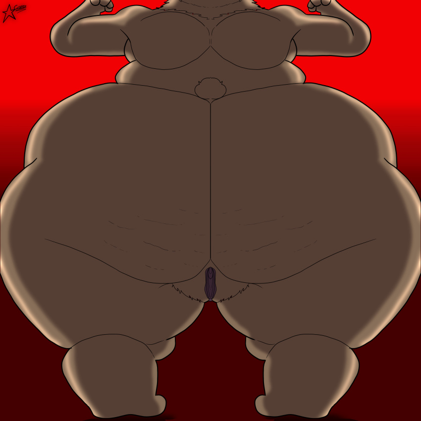 absurd_res anthro ass bear big_butt cellulite cosmosarts female genitals hi_res mammal plump_labia priya_(cosmosarts) pubes pussy rear_view solo thick_thighs wide_hips