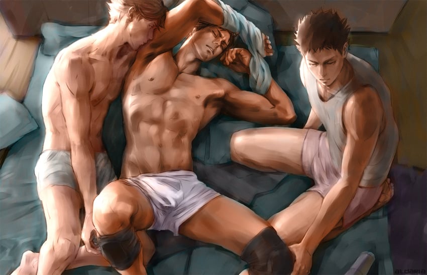 3boys abs akaashi_keiji aldaria boxers bulge gay haikyuu!! iwaizumi_hajime male_only multiple_boys multiple_males oikawa_tooru_(haikyuu!!) pecs tagme underwear undressing yaoi