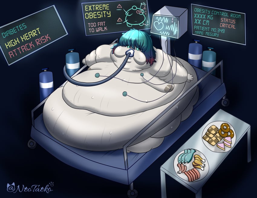 1girls bedbound green_hair health_issues heart_monitor hyper_fat immobile monitor morbidly_obese morbidly_obese_female neotaeko obese obese_female oxygen_mask oxygen_tank tagme unhealthy