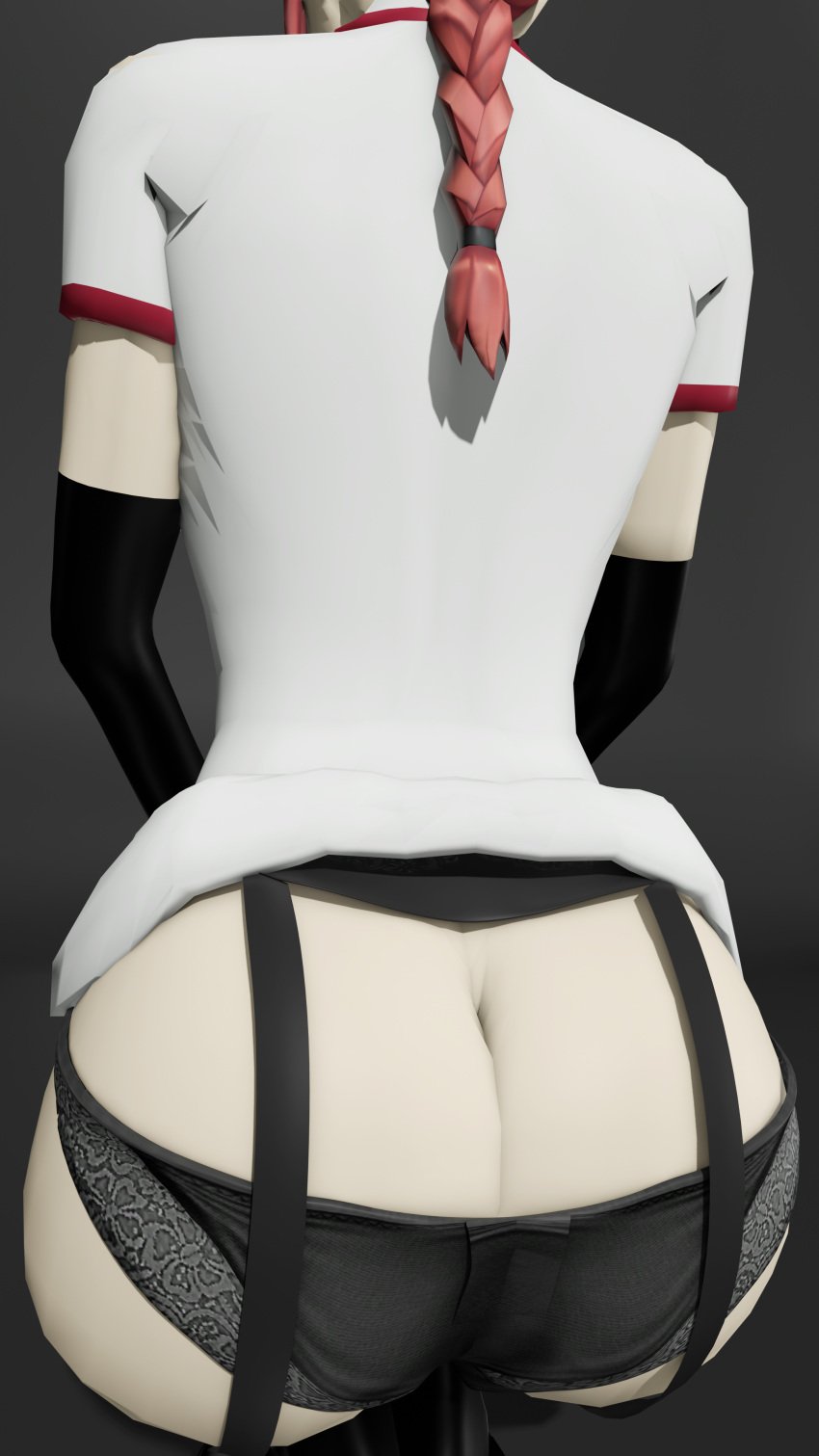 1girls 3d 3d_model black_gloves black_panties blender blender_(software) blender_eevee braided_ponytail butt_crack chainsaw_man elbow_gloves facing_away from_behind garter_straps grey_background makima_(chainsaw_man) pale-skinned_female pale_skin panties red_hair shirt simple_background solo supurattabrain underwear white_shirt