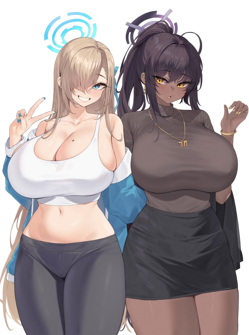 2girls asuna_(blue_archive) black_hair blonde_hair blue_archive blue_eyes breasts casual_clothes chocolate_and_vanilla clothed dark-skinned_female dark_skin female hair_over_one_eye halo hi_res hips huge_breasts karin_(blue_archive) kuavera large_breasts light-skinned_female light_skin long_hair naughty_face smile tank_top thick_thighs thighs v white_background wide_hips yellow_eyes