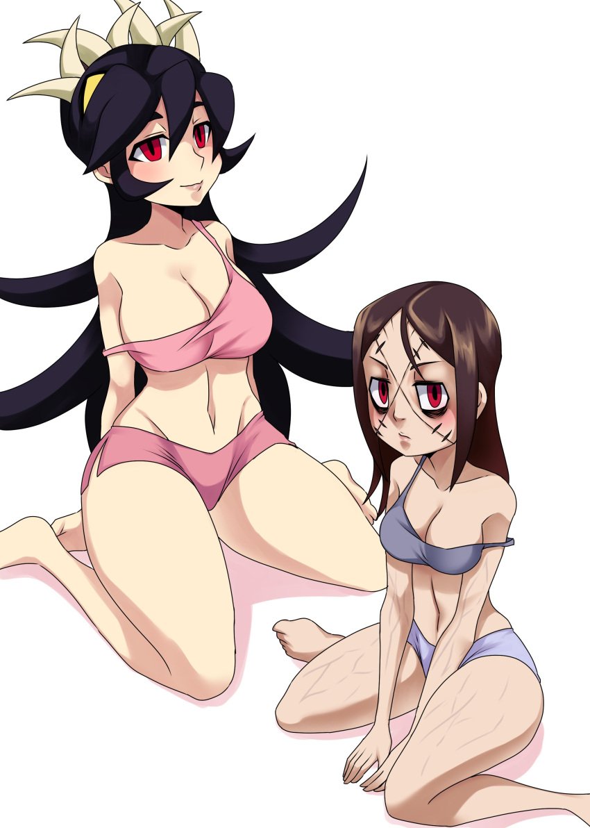 2girls ass big_breasts blush fat_ass filia_(skullgirls) multiple_girls painwheel panties skullgirls small_breasts thick_thighs thighs tobyllitos