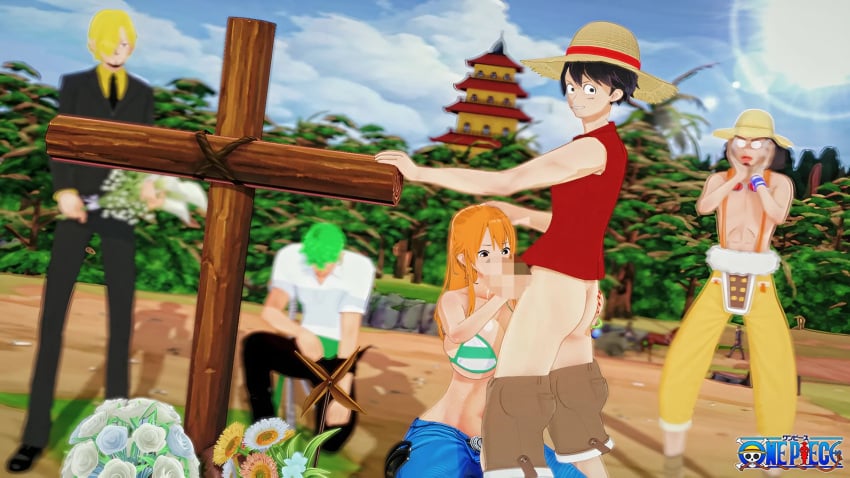 2girls 3d big_breasts bikini_top blowjob blush censored danp female grave huge_breasts male monkey_d_luffy multiple_boys nami one_piece orange_hair roronoa_zoro straw_hat sucking_penis usopp vinsmoke_sanji