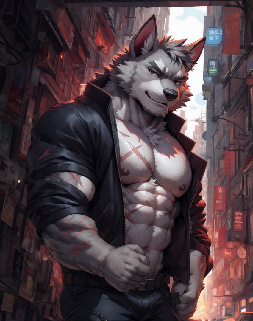 ai_generated anthro biceps body_hair canid city clothing cyberpunk ear grey_body hair jacket jeans kuranoidss looking_at_viewer male male_only muscular muscular_male nipples scars smile solo standing