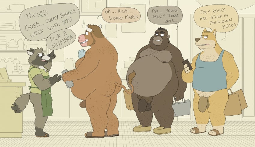 2025 anthro ape apron balls belly big_belly brown_body canid canine canis clothing dialogue domestic_dog english_text genitals gorilla grey_body group haplorhine hi_res jeffpat male mammal moobs nipples overweight overweight_male penis primate procyonid raccoon shirt standing text topwear