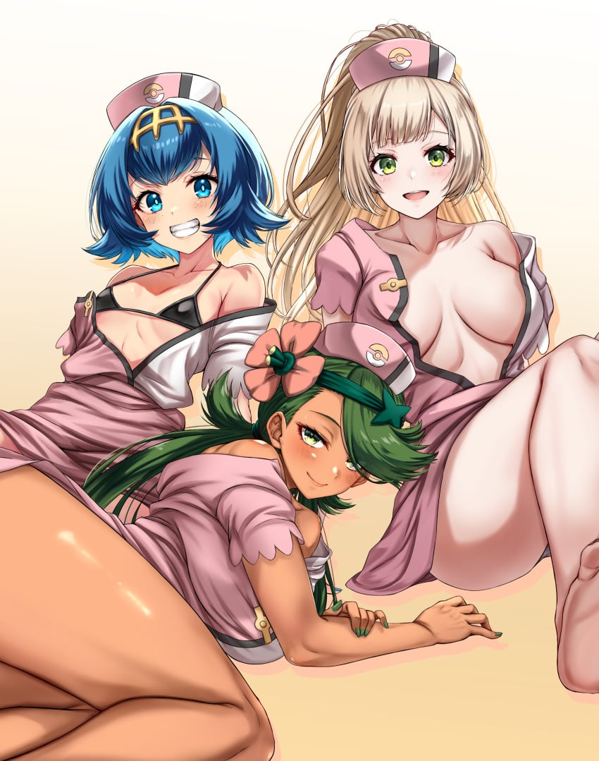 3girls alternate_costume blonde_hair blue_hair dark-skinned_female feet_out_of_frame female female_only green_hair green_nails human lana_(pokemon) large_breasts lillie_(pokemon) looking_at_viewer mallow_(pokemon) multiple_girls nail_polish nurse nurse_cap nurse_uniform pokemon pokemon_(anime) pokemon_sm skeb_commission small_breasts takecha