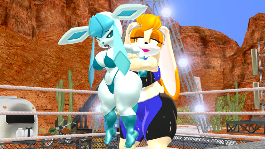 2girls 3d 3d_(artwork) anthro arm_lock bikini bunny_ears bunny_girl bunny_tail duo duo_female duo_focus kabalmystic pokemon pokemon_(species) rabbit rabbit_ears rabbit_girl rabbit_tail ryona size_difference sonic_(series) sonic_the_hedgehog_(series) sports_bra sports_shorts sports_uniform sportswear tagme vanilla_the_rabbit wrestling wrestling_ring zetareta