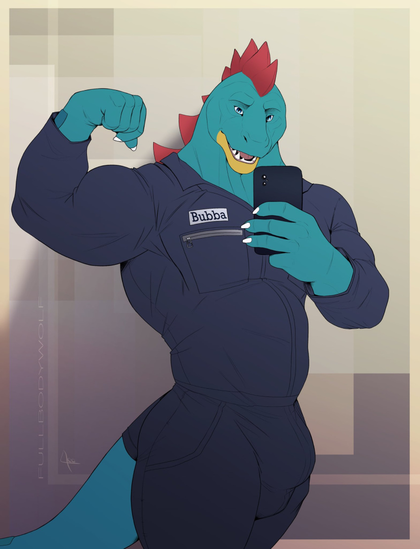 bubbagatr bulge claws digital_drawing_(artwork) digital_media_(artwork) electronics finger_claws flexing fullbodywolf hi_res looking_at_viewer male male_focus male_only muscular muscular_male nintendo phone pokemon scalie selfie solo standing tail teeth