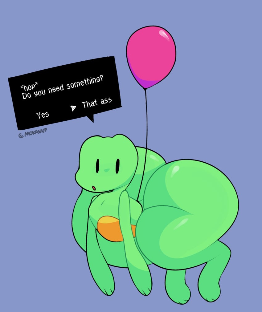 absurd_res ambiguous_gender amphibian ass balloon big_ass big_butt dialogue earthbound earthbound_(series) english_text floating frog hi_res huge_ass huge_butt hyper hyper_ass hyper_butt inflatable mokawuf nintendo simple_background solo text thick_thighs