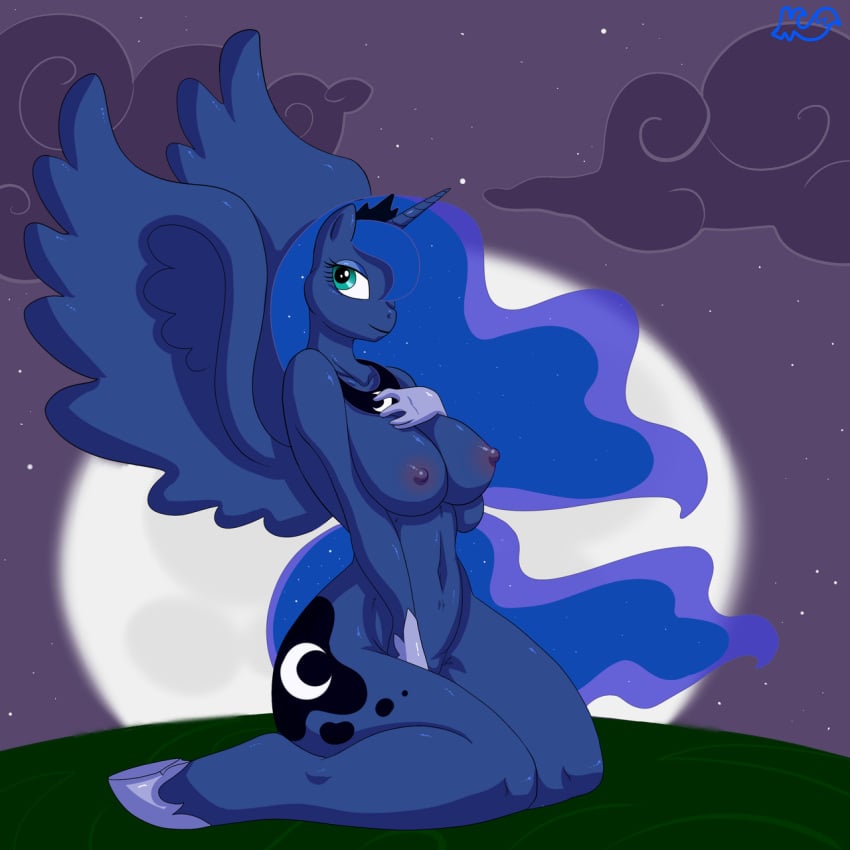 1:1 alicorn anthro anthrofied blue_body blue_eyes blue_feathers blue_fur blue_hair breasts cloud cutie_mark equid equine feathered_wings feathers female friendship_is_magic fur hair hasbro hi_res horn large_breasts long_hair looking_at_viewer mammal moon my_little_pony mythological_creature mythological_equine mythology night nipples nude outside princess_luna princess_luna_(mlp) skidd sky solo star supermoon tail wings