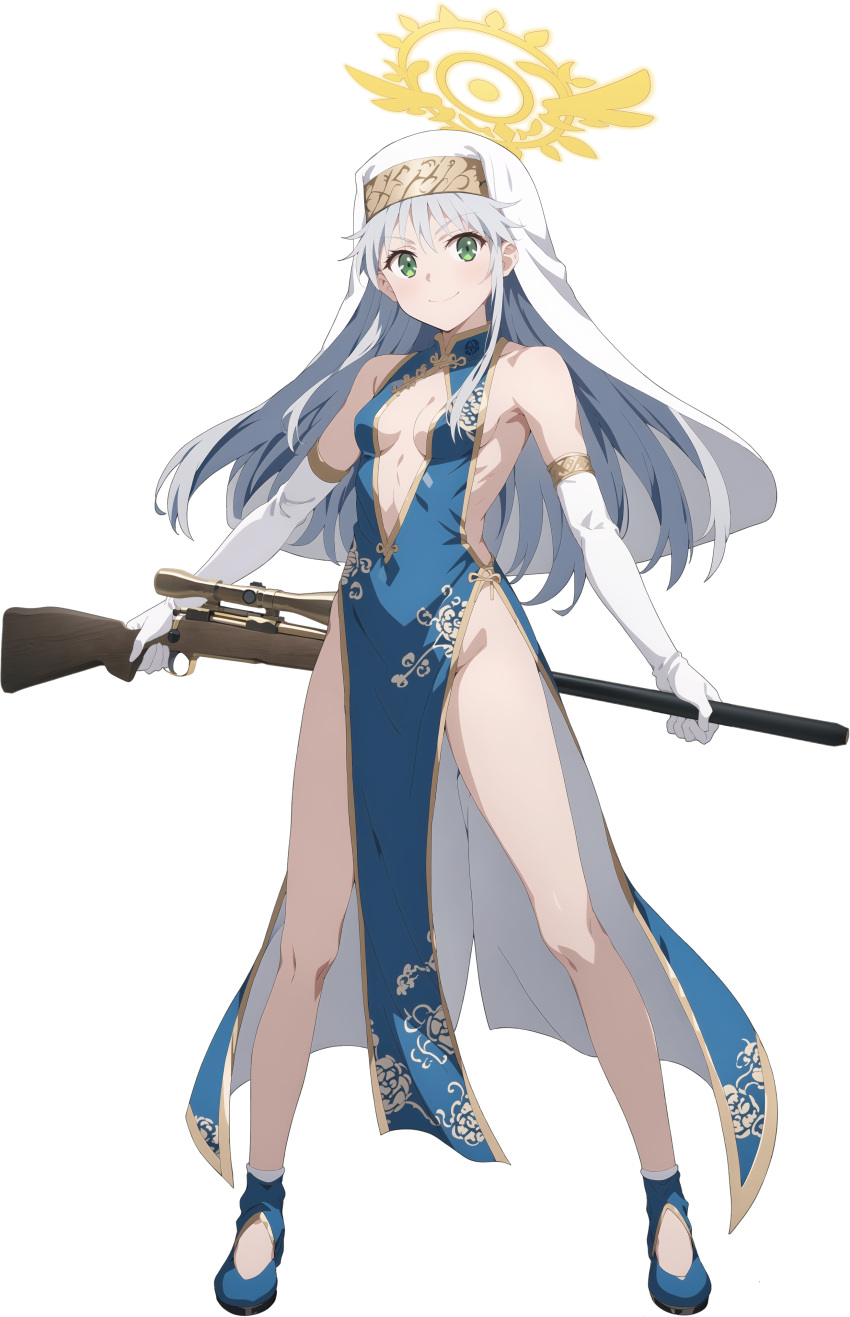 absurdres blue_archive blue_dress breasts china_dress chinese_clothes cleavage cleavage_cutout clothing_cutout crossover dress emmeria female_only flying_nimbus front_view full_body gloves green_eyes gun highres index index_(to_aru_majutsu_no_index) long_hair looking_at_viewer more_at_source no_bra no_panties skinny small_breasts standing thighs to_aru_majutsu_no_index weapon white_hair