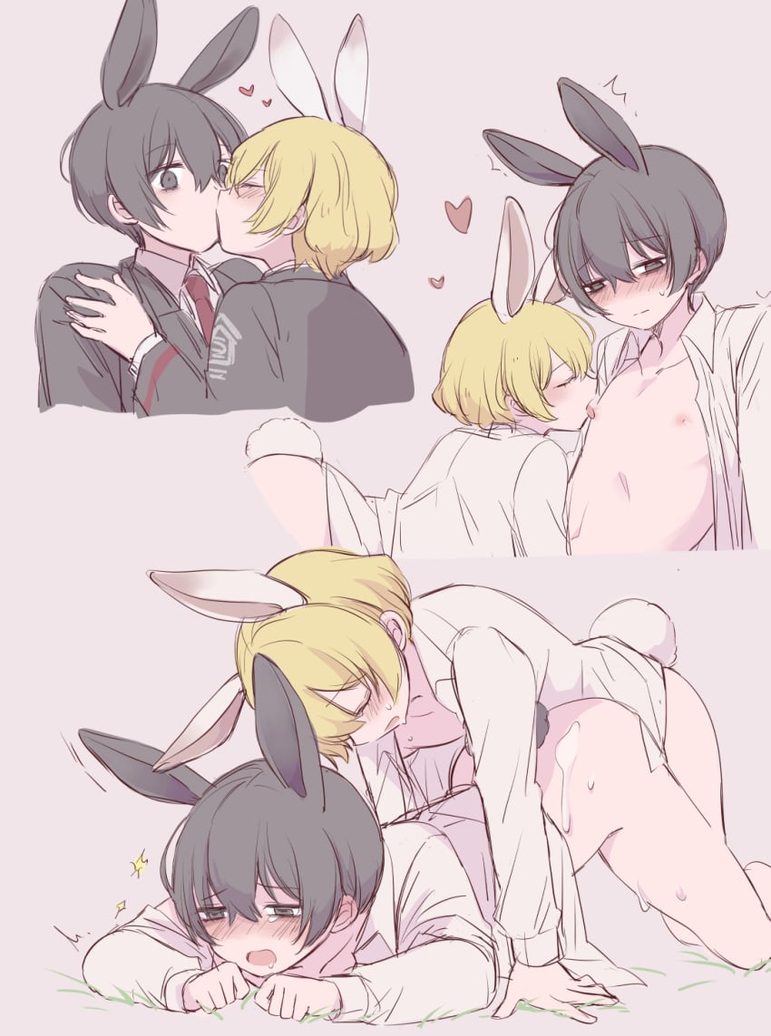 2boys ^^^ animal_ears arched_back bags_under_eyes bishounen black_coat black_eyes black_hair blonde_hair blush closed_eyes coat collarbone collared_shirt commentary convenient_censoring cum cum_on_ass cum_on_body cum_on_legs drooling from_side grey_background hair_between_eyes hand_on_another's_shoulder heart highres implied_penetration kemonomimi_mode kissing licking licking_nipple limbus_company long_sleeves loose_hair_strand male male_focus marbornath multiple_boys multiple_views naked_shirt navel necktie nipple_stimulation no_gloves on_grass open_clothes open_mouth open_shirt pale_color project_moon rabbit_boy rabbit_ears rabbit_tail raised_inner_eyebrows red_necktie sex sex_from_behind shirt short_hair simple_background sinclair_(limbus_company) surprise_kiss surprised sweat tail tearing_up thighs tongue tongue_out top-down_bottom-up torogao twitching white_shirt yaoi yi_sang_(limbus_company)