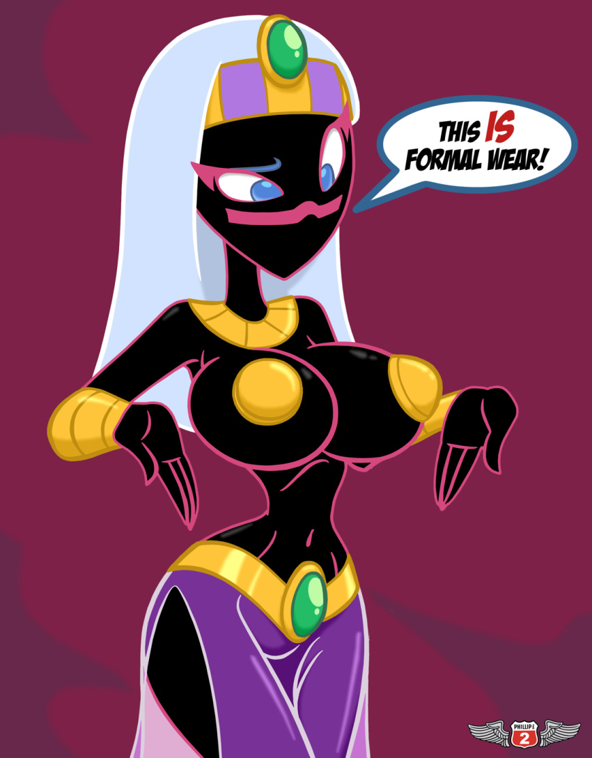 1girls big_breasts black_skin blue_eyes breasts circlet clothing dark_skin dialogue duck_dodgers female female_only huge_breasts humanoid jewelry martian mouthless pasties phillipthe2 queen_tyr'ahnee roger_bacon skimpy solo solo_female thin_waist warner_brothers white_hair wide_hips