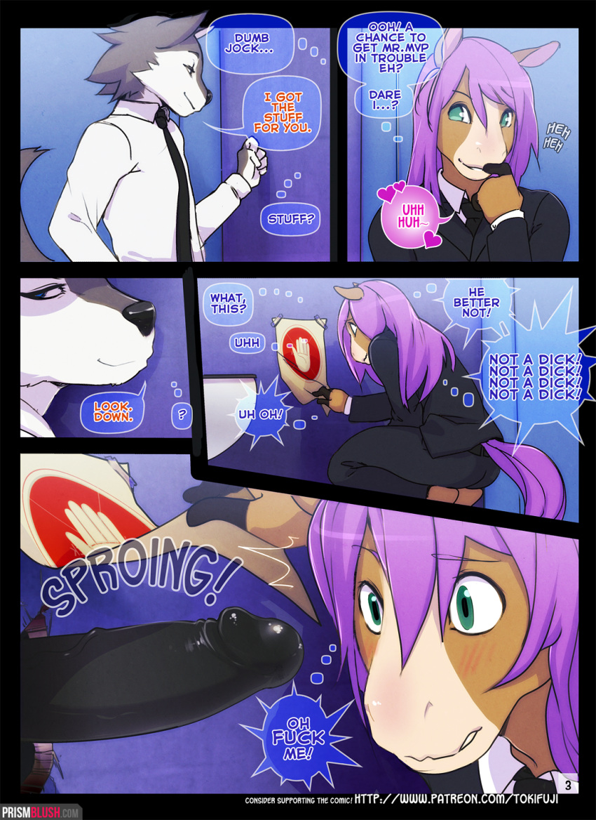 ! 2015 ? anthro big_penis brown_fur canine clothing comic cream_fur dialogue embarrassed english_text equine erection fur gavin_(tokifuji) girly glory_hole grey_fur hair horse imminent_sex male mammal necktie original page_3 page_number pants penis penis_awe purple_hair reggie_(tokifuji) shirt smile stall surprised teal_eyes text toilet tokifuji uncensored uniform white_fur wolf yaoi