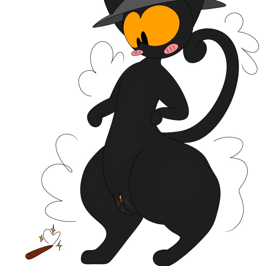 absurd_res alpog21_(artist) ass big_butt big_pussy black_body black_legs black_paws black_pussy black_tail blush clothing ears_up female feral genitals google google_doodle hat headgear headwear hi_res magic_cat_academy momo_(google) mouthless nude plump_labia pussy solo standing tail wand