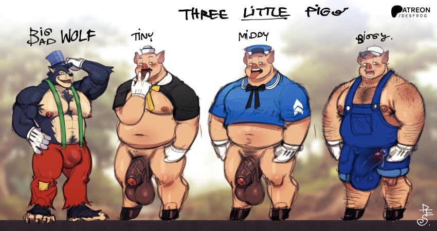 absurd_res anthro areola arm_hair balls big_bad_wolf big_balls big_penis biped bodily_fluids body_hair bulge canid canine canis chest_hair clothed clothing desfrog detailed_bulge domestic_pig english_text erection eyebrows fairy_tales fingers foreskin fur genital_fluids genitals gloves handwear hat headgear headwear hi_res hooves humanoid_genitalia humanoid_penis leg_hair male mammal muscular muscular_anthro muscular_male nipples pecs penis precum precum_through_clothing saggy_balls solo suid suine sus_(pig) suspenders text the_three_little_pigs tongue tongue_out top_hat vein veiny_penis wet wet_clothing wolf