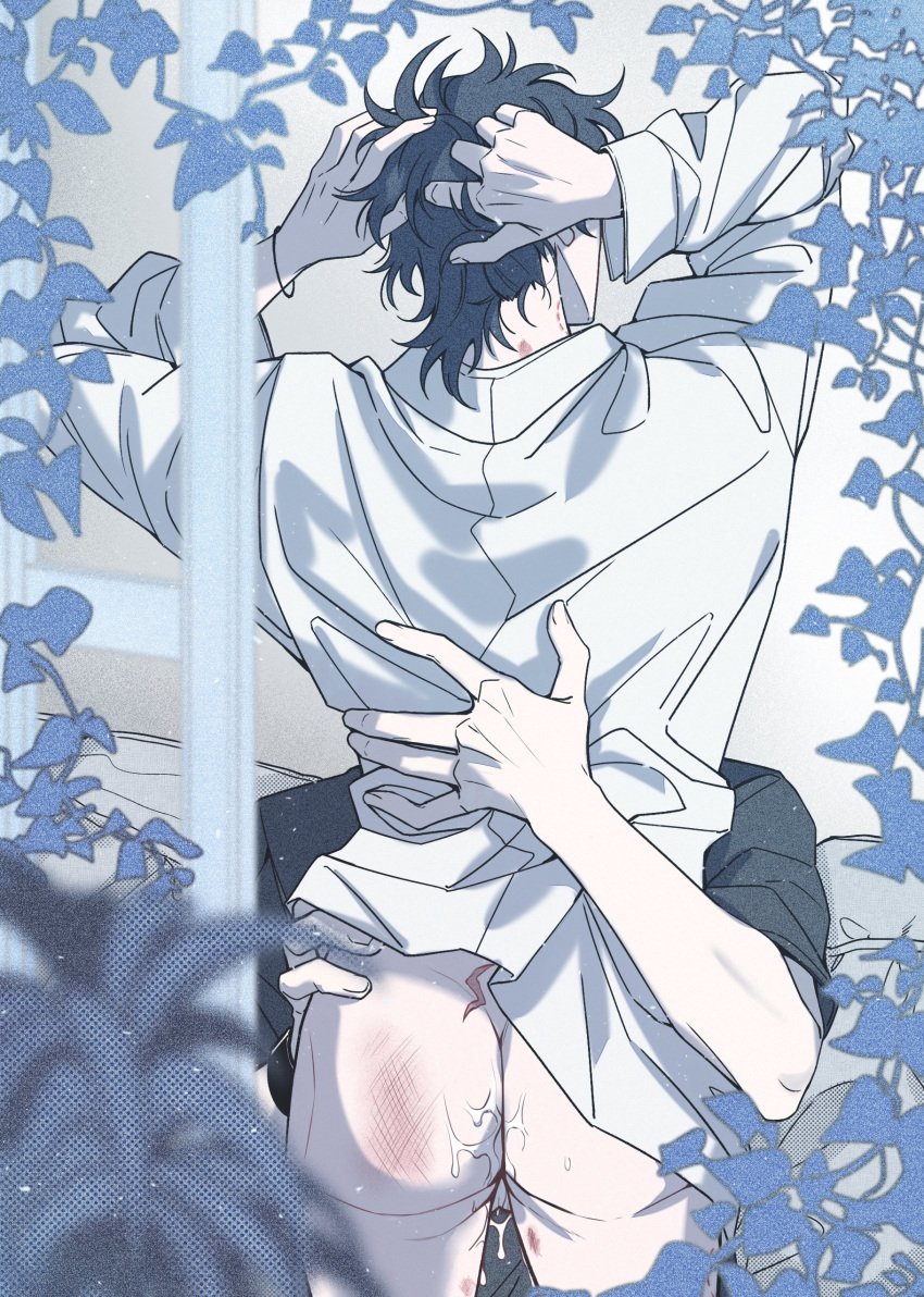 2boys absurdres anal arms_up ass bite_mark black_hair black_shirt bottomless bracelet cheng_xiaoshi clothed_sex clothes_lift cowboy_shot cum cum_in_ass cum_on_ass cum_on_body cumdrip dsarl995595 from_behind hand_in_own_hair hand_on_another's_back hand_on_own_head hands_on_another's_hips hickey highres indoors jewelry leaf long_sleeves lu_guang male male_focus multiple_boys plant scar scar_on_ass shiguang_dailiren shirt short_hair slap_mark solo_focus spanked standing vines white_shirt yaoi
