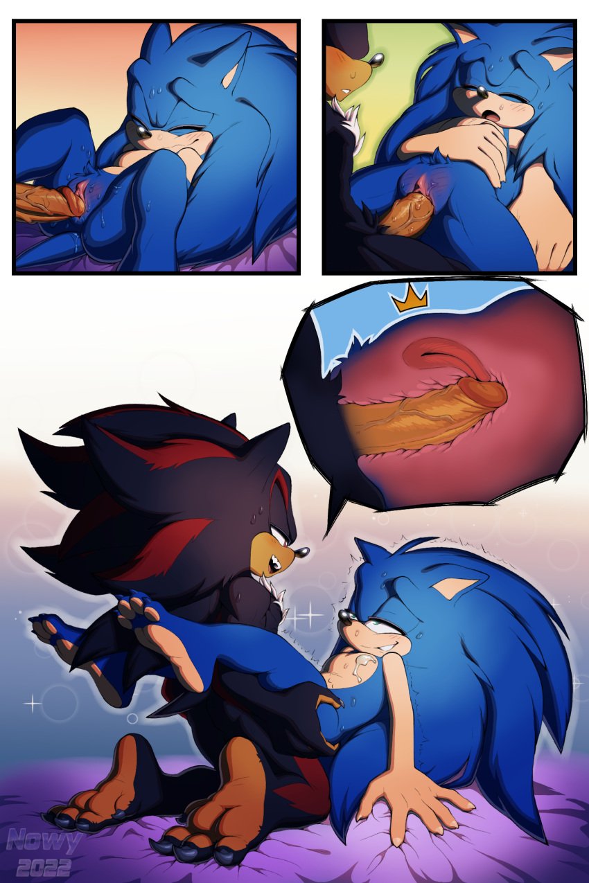2022 2:3 5_fingers anthro artist_name bed bed_covers bedding bedroom biped black_body black_fur black_nose blue_body blue_fur blush blush_lines bodily_fluids chest_tuft closed_eyes comic countershade_fur countershading digital_drawing_(artwork) digital_media_(artwork) duo erection eulipotyphlan eye_roll fingers fur furniture genitals green_eyes half-closed_eyes hedgehog hi_res humanoid_genitalia humanoid_hands humanoid_penis inside internal internal_vaginal intersex looking_at_another looking_pleasured lying male male/male mammal moan morning multicolored_body multicolored_fur muscular muscular_anthro muscular_male narrowed_eyes nowykowski7 nude nude_anthro nude_male on_back on_bed open_mouth open_smile penetration penis pussy quills_(anatomy) red_body red_eyes red_fur relationship romantic sega sex shaded shadow_the_hedgehog shaking smile sonic_(series) sonic_the_hedgehog sonic_the_hedgehog_(series) sparkles sweat tan_arms tan_body tan_countershading tan_fur tan_inner_ear text tremble_spikes trembling trembling_for_pleasure tuft vaginal_penetration vein veiny_penis