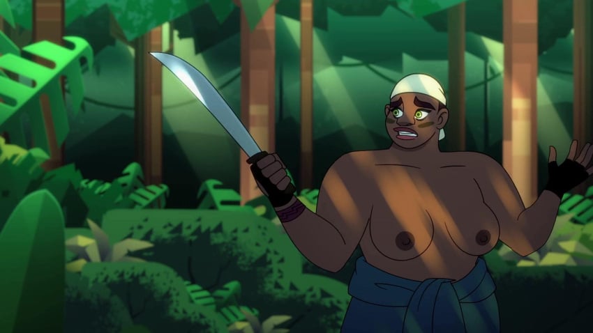 breasts breasts_out deb_(q-force) female fingerless_gloves machete netflix q-force screenshot tagme topless topless_female