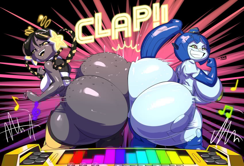 2females 2girls alien alien_girl ass_attack ass_clapping ass_focus asses_touching black_hair black_sclera bleetz_(cloudbreaker) blue_hair bubble_butt butts_touching commission commissioner_upload female gold_boombox_(prevence) hair_rings huge_ass leotard looking_at_each_other multicolored_hair nude nude_female oc original_character partially_clothed robot robot_girl thick_thighs thighhighs thighs valkire_(ztormdust) valkyriebot_(cloudbreaker) xaveknyne yellow_eyes
