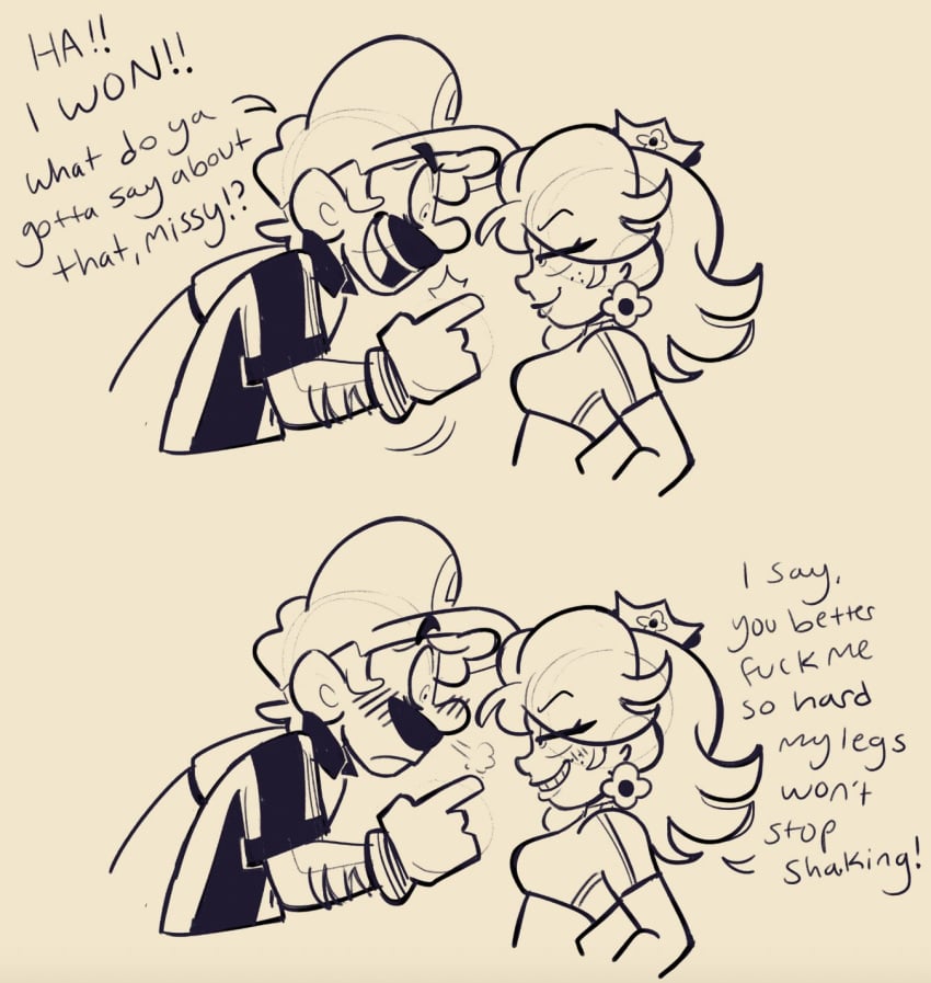 1boy 1boy1girl bedroom_eyes before_sex blush canon_couple dialogue english_text female ilikeluigibooty luigi male mario_(series) mario_strikers monochrome nintendo princess_daisy simple_background smirk smirking_at_partner soccer_uniform text