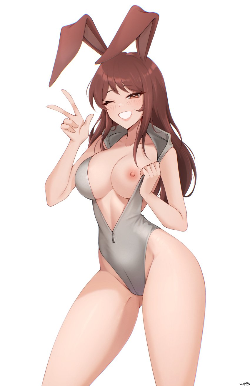 1girls _wepilly breasts breasts_out brown_eyes brown_hair bunny_ears bunny_girl emily(blarghonator) female happy large_breasts leotard long_hair oc original original_character peace_sign pinup pinup_pose smiling_at_viewer the_city_of_reygarth thighs winking_at_viewer zipper zipper_down