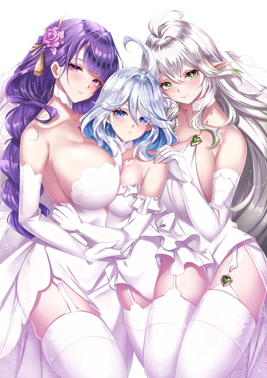 3girls aata1007_(artist) aged_up blue_eyes female female_only furina_(genshin_impact) genshin_impact green_eyes multiple_females multiple_girls nahida_(genshin_impact) pointy_ears purple_eyes purple_hair raiden_shogun rukkhadevata_(genshin_impact) tagme white_background white_hair yuri