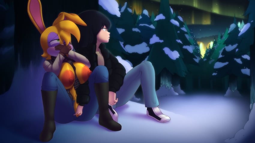 absurd_res anthro archie_comics aurora_(phenomenon) big_breasts bored breasts bunnie_rabbot cappulait covering covering_mouth duo erect_nipples female fingering hi_res human lagomorph leporid looking_away male male/female mammal nipples rabbit sega snow sonic_(series) sonic_the_hedgehog_(archie) sonic_the_hedgehog_(comics) sonic_the_hedgehog_(series) white_park winter winter_clothing