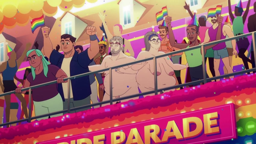 bbw completely_nude completely_nude_female completely_nude_male glasses netflix nudist pride_color_flag pride_month q-force sagging_breasts screenshot tagme