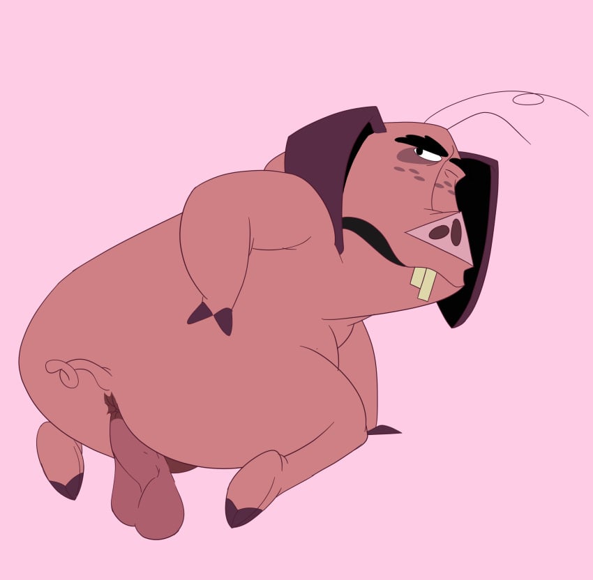 absurd_res alvaro_(el_arca) anthro anus ass balls bent_legs bent_over bob-jiggles buckteeth closed_eyes curled_tail domestic_pig el_arca eyebrows genitals hair_strands hand_on_butt hand_on_ground hi_res hooves looking_at_viewer looking_back male mammal open_mouth overweight overweight_anthro overweight_male penis pink_background pink_body rounded_ears simple_background snout solo spots spotted_face suid suine sus_(pig) tail teeth thick_eyebrows