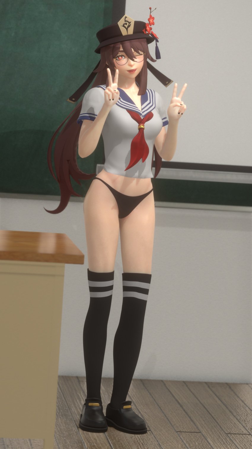 1girls 3d black_nails bottomless brown_hair chalkboard classroom desk female full_body genshin_impact glasses hat hu_tao_(genshin_impact) looking_at_viewer medium_breasts one_eye_closed panties petite photo posing red_eyes round_glasses sansonnsfw school_uniform sexy shoes socks solo standing thighs tongue twintails v_sign winking_at_viewer