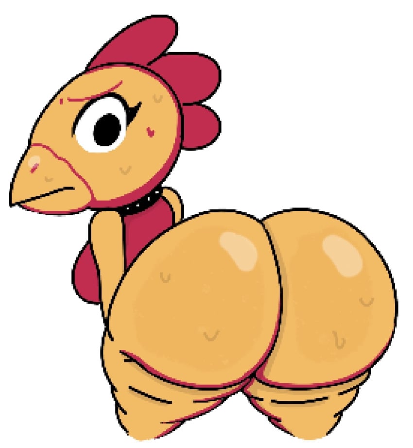 2025 2d 2d_(artwork) 2d_artwork anthro ass ass_focus avian beak big_ass big_butt bird bird_girl bubble_ass bubble_butt butt chicken chicken_girl chicken_zombie_(fist_hell) collar comb_(anatomy) digital_art digital_drawing_(artwork) digital_media_(artwork) eyeliner female fist_hell furry furry_female galliform gallus_(genus) looking_back looking_worried orange_skin phasianid presenting_hindquarters red_shirt simple_background studded_collar sweat tagme theslashfive ufo_50 white_background winged_eyeliner