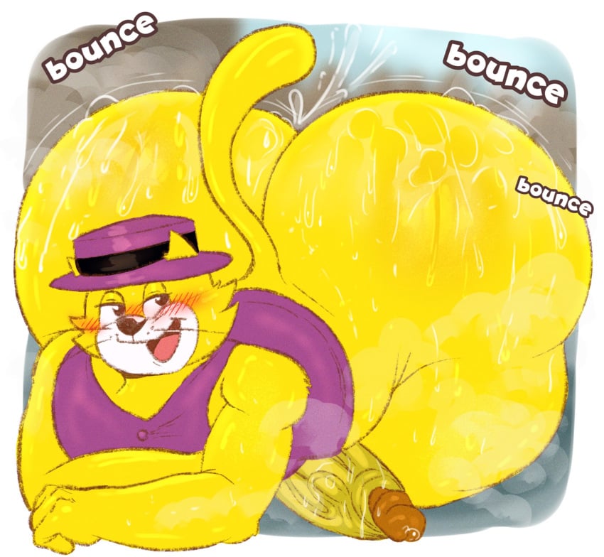 2025 all_fours anthro ass big_butt blush bodily_fluids bottomless bottomless_anthro bottomless_male cheek_tuft circumcised clothed clothing domestic_cat ears_through_headwear english_description english_text erection facial_tuft felid feline felis front_view fur furgonomic_headwear furgonomics furryonline1 genital_fluids genitals half-closed_eyes hanna-barbera hat headgear headwear hi_res humanoid_genitalia humanoid_penis leaking_precum looking_back male mammal narrowed_eyes open_mouth penis precum purple_clothing purple_hat purple_headwear purple_topwear purple_vest raised_tail solo sound_effects sweat sweaty_butt tail text thick_thighs top_cat top_cat_(series) topwear tuft vein veiny_penis vest whiskers yellow_body yellow_fur