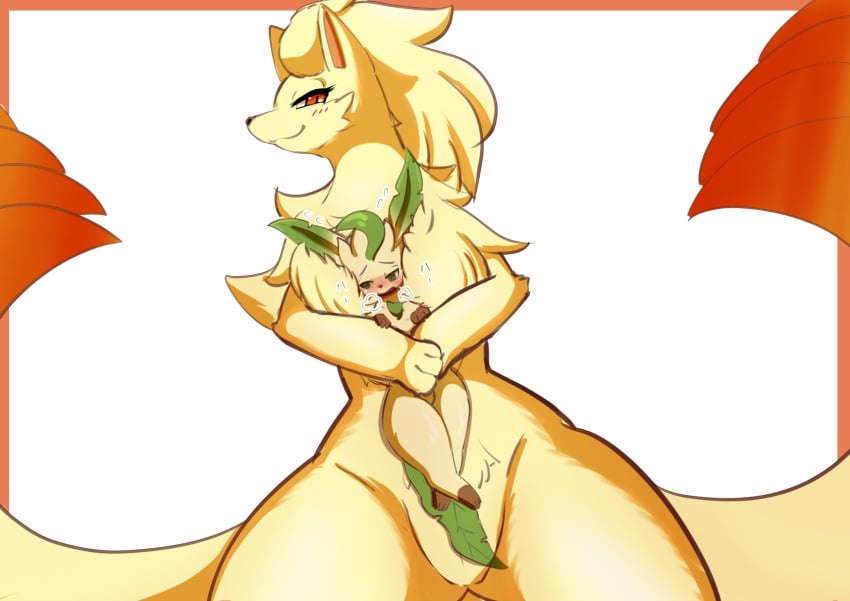 2025 3_fingers 3_toes ambiguous_anthro ambiguous_gender anthro anthro_on_anthro anthrofied barely_visible_genitalia barely_visible_pussy big_tail biped black_nose blush breasts breath brown_inner_ear canid canine carrying_another carrying_partner cheek_tuft colored crotch_tuft digital_media_(artwork) dipstick_tail duo eeveelution eyelashes facial_tuft feet female female/ambiguous female_anthro fingers fluffy fluffy_chest front_view fur generation_1_pokemon generation_4_pokemon genitals green_body green_ears green_eyes green_tail half-length_portrait head_between_breasts head_tuft hi_res interspecies kemono larger_anthro larger_female leaf leaf_tail leafeon leg_markings looking_at_viewer mammal markings mohurin multi_tail multicolored_body multicolored_fur multicolored_tail ninetales nintendo nude open_mouth orange_inner_ear panting paws pokemon pokemon_(species) pokemorph portrait pupils pussy red_body red_eyes red_fur red_tail red_tail_tip semi-anthro shaded simple_background simple_shading size_difference size_play slit_pupils smaller_ambiguous smaller_anthro smile socks_(marking) spiral_eyes standing tail tail_markings tan_body tan_fur thick_thighs toes tuft two_tone_body two_tone_fur two_tone_tail white_background yellow_body yellow_ears yellow_fur yellow_tail