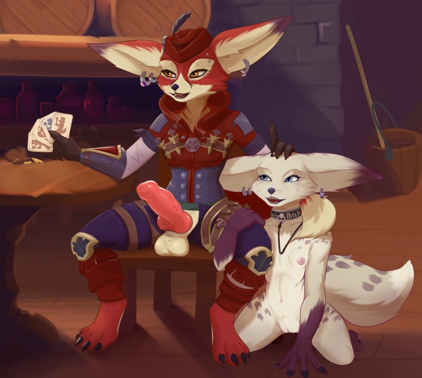 absurd_res animal_genitalia animal_penis anthro armor balls barrel blizzard_entertainment bottomwear breasts bucket canid canine_genitalia canine_penis card claws clothed clothing coin collar container digital_media_(artwork) dominant duo ear_piercing ear_ring erection eyebrow_piercing facial_piercing female flat_chested fur furniture futanari genitals gold_(metal) gold_coin hi_res hoodwinkhuffer intersex kneeling mammal nipples nude open_bottomwear open_clothing open_mouth open_pants pants partially_clothed peeks_(vulpera) penis piercing playing_card pussy ring_piercing sitting small_breasts submissive tail tavern vulpera warcraft white_body white_fur zoe_(aredvulpera)