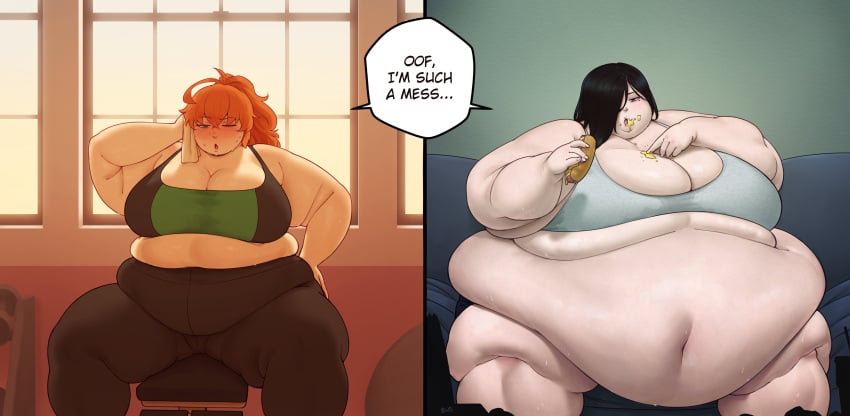 2girls bbw better_with_salt cleavage dialogue female female_only gigantic_belly huge_belly huge_breasts human morbidly_obese overweight overweight_female revealing_clothes sitting sweat text