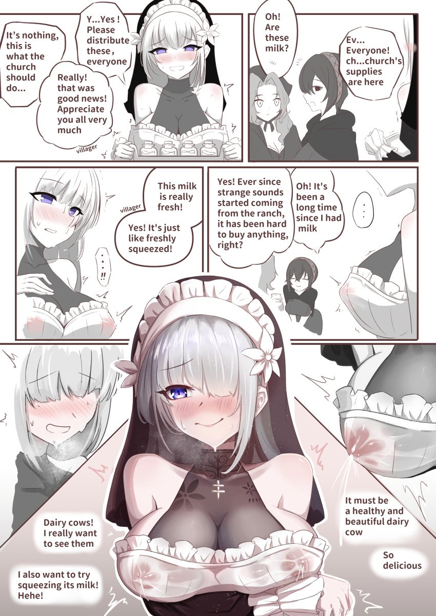 absurdres arm_behind_back artist_name black_dress black_panties black_sleeves blush breasts brown_ribbon chinese_text cleavage closed_mouth comic commentary_request covered_navel covered_nipples cowboy_shot cross dated detached_sleeves dress female flower grey_background grey_hair hair_between_eyes hair_flower hair_ornament highres holding holding_staff juliet_sleeves lactation lactation_through_clothes large_breasts lelia_(sinisistar) long_hair long_sleeves looking_at_viewer mole mole_on_breast mumi-daohu mumi_daohu nervous nipple_stimulation nun panties pantyshot puffy_sleeves purple_eyes ribbon short_dress shy simple_background sinisistar sinisistar2 smile solo staff underwear white_background white_flower