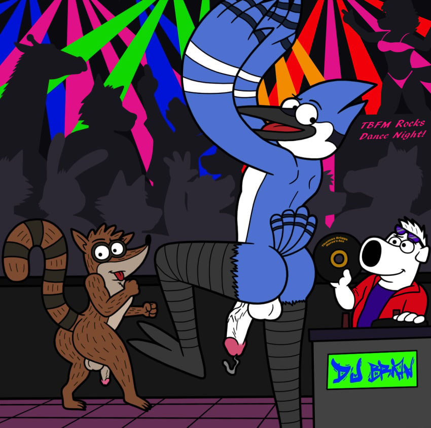 anthro ass avian balls bird brian_griffin canine cartoon_network dance_floor dancing family_guy humanoid_penis male male_only mammal mordecai multiple_males party penis raccoon regular_show rigby tbfm