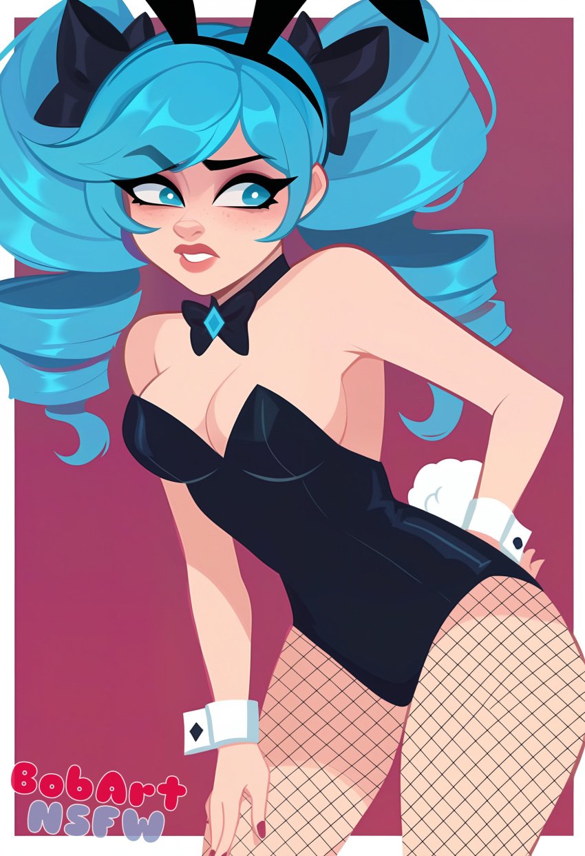 ai_generated alternate_costume bangs bare_shoulders blue_eyes blue_hair bobartnsfw bow bowtie bowtie_collar bunny_ears bunny_girl bunny_tail bunnysuit cleavage cuffs_(clothing) drill_hair eyebrows_raised eyebrows_visible_through_hair female female female_only fishnet_legwear fishnets gwen_(league_of_legends) hair_ornament league_of_legends league_of_legends:_wild_rift legwear leotard medium_breasts playboy_bunny stable_diffusion thick_eyebrows twin_drills watermark white_border