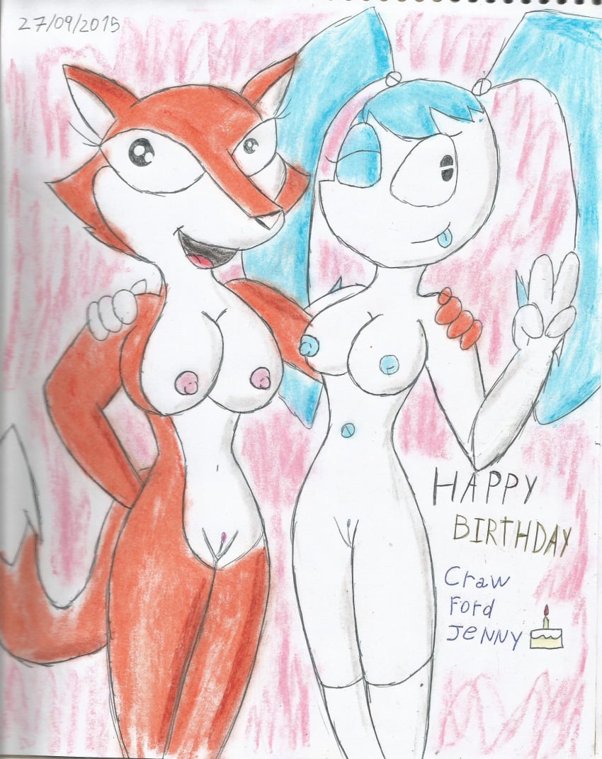 2015 anthro blue_hair breasts canine captain-cheto duo english_text fauna_fox female female_only fox friends front_view fur hair hand_on_shoulder happy jenny_wakeman machine mammal multicolored_fur multiple_females multiple_girls my_life_as_a_teenage_robot nickelodeon nipples nude oh_yeah!_cartoons one_eye_closed orange_fur pussy robot smile smooth_skin text the_f-tales tongue tongue_out traditional_media_(artwork) two_tone_fur white_fur white_sclera wink