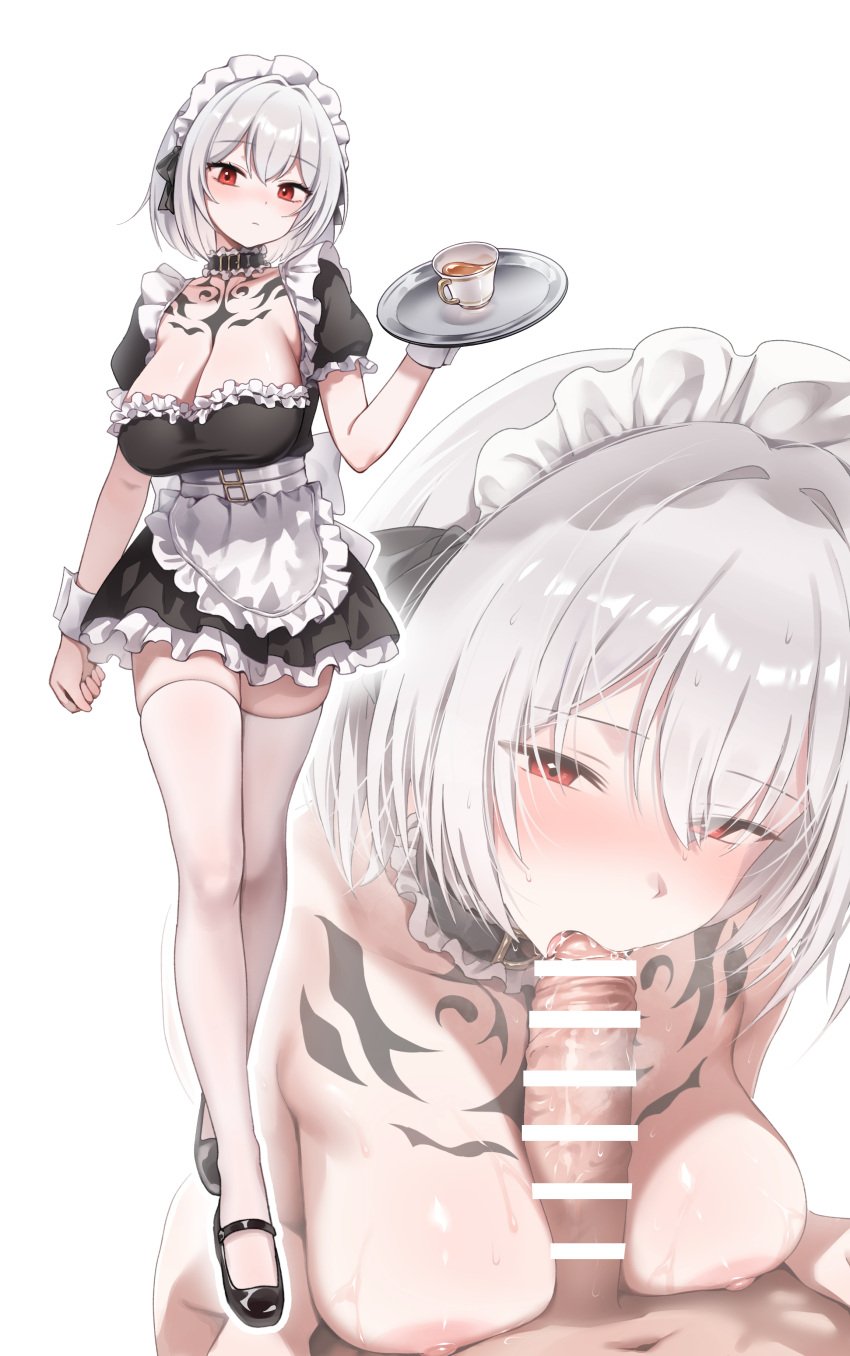 1boy absurdres apron bar_censor black_dress blush breasts censored cleavage closed_mouth collarbone_tattoo commentary completely_nude crossed_legs cup dot_nose dress fellatio female frilled_apron frilled_sleeves frills full_body grey_hair hair_between_eyes hair_intakes highres holding holding_tray large_breasts looking_at_viewer maid maid_apron maid_headdress navel nipples nose_blush nude oral original paizuri pingpangpongpang pov pov_crotch puffy_short_sleeves puffy_sleeves red_eyes short_hair short_sleeves simple_background standing straight symbol-only_commentary teacup thighhighs thighs tray waist_apron white_apron white_background white_headdress white_thighhighs zettai_ryouiki zoom_layer
