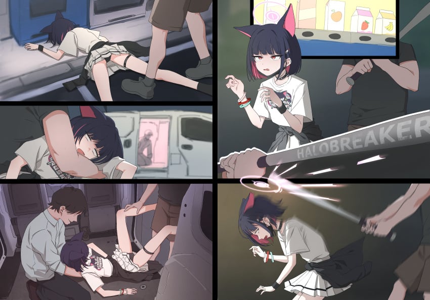 1girls animal_ears bad_end bat black_choker black_panties blue_archive cat_ears catgirl choker defeated defeated_heroine female female_focus halo hi_res highres imminent_rape imminent_sex kazusa_(blue_archive) light-skinned_female light_skin male multiple_boys short_hair skirt t-shirt thighs unconscious yamomo yamomono