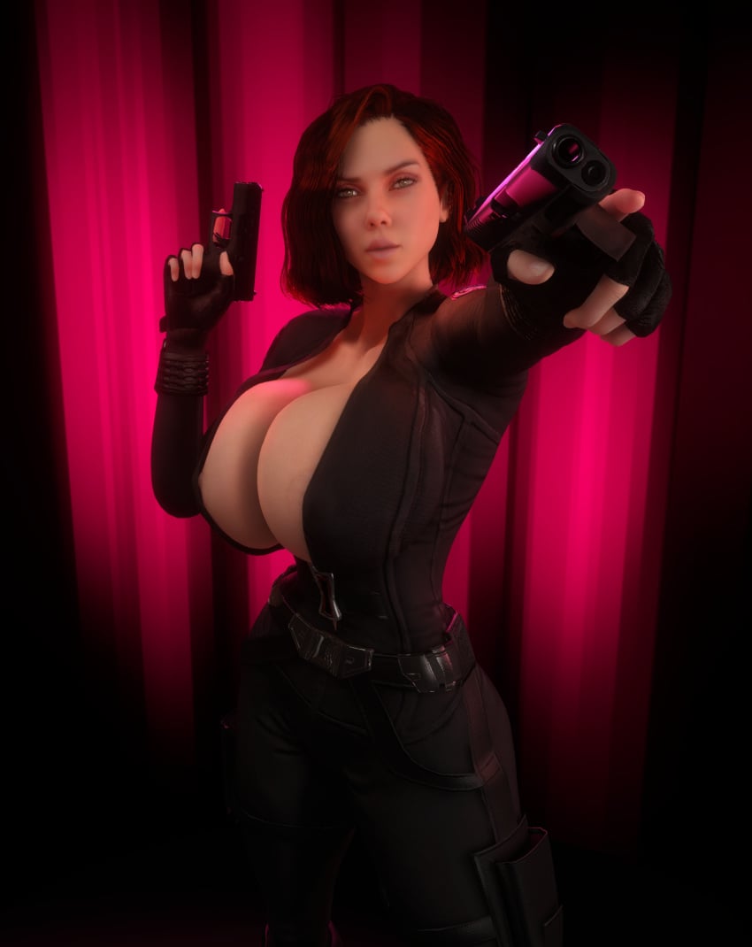 1girls 3d 3d_(artwork) absurd_res absurd_resolution absurdres alternate_breast_size big_breasts black_bodysuit black_widow_(marvel) bodysuit breasts clothed clothed_female dual_wielding female female_only fingerless_gloves gloves green_eyes gun guns hi_res high_resolution highres holding_gun holding_object holding_pistol holding_weapon huge_breasts human human_female human_only human_solo large_breasts marvel marvel_cinematic_universe marvel_comics natasha_romanoff open_bodysuit open_clothes pistol red_hair solo solo_female unzipped unzipped_bodysuit vaako weapon weapons