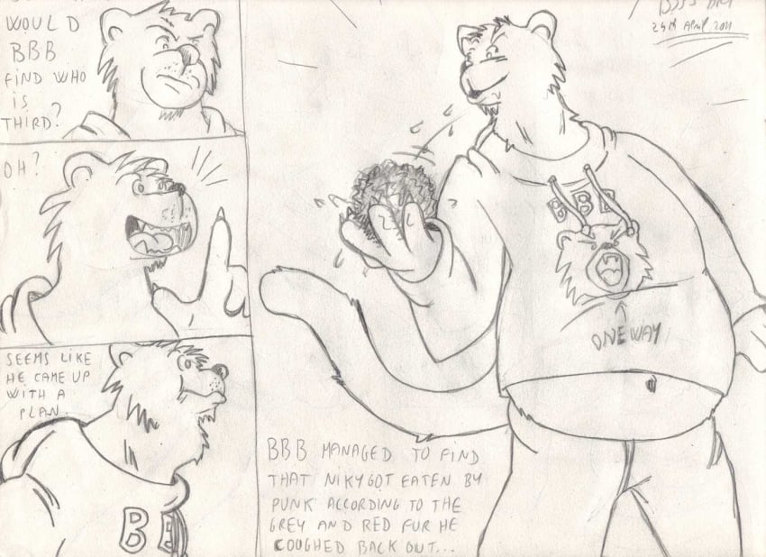 2011 after_vore anthro anthro_pred april_(month) bear belly big_bad_bear bigbadbear bottomwear clothed_pred clothing comic dated death fatal_vore fur graphite_(artwork) hairball hoodie male mammal open_mouth pants pencil regurgitation signature simple_background smile solo spitting standing teeth text text_on_clothing text_on_topwear thinking tongue topwear traditional_media_(artwork) vore white_background