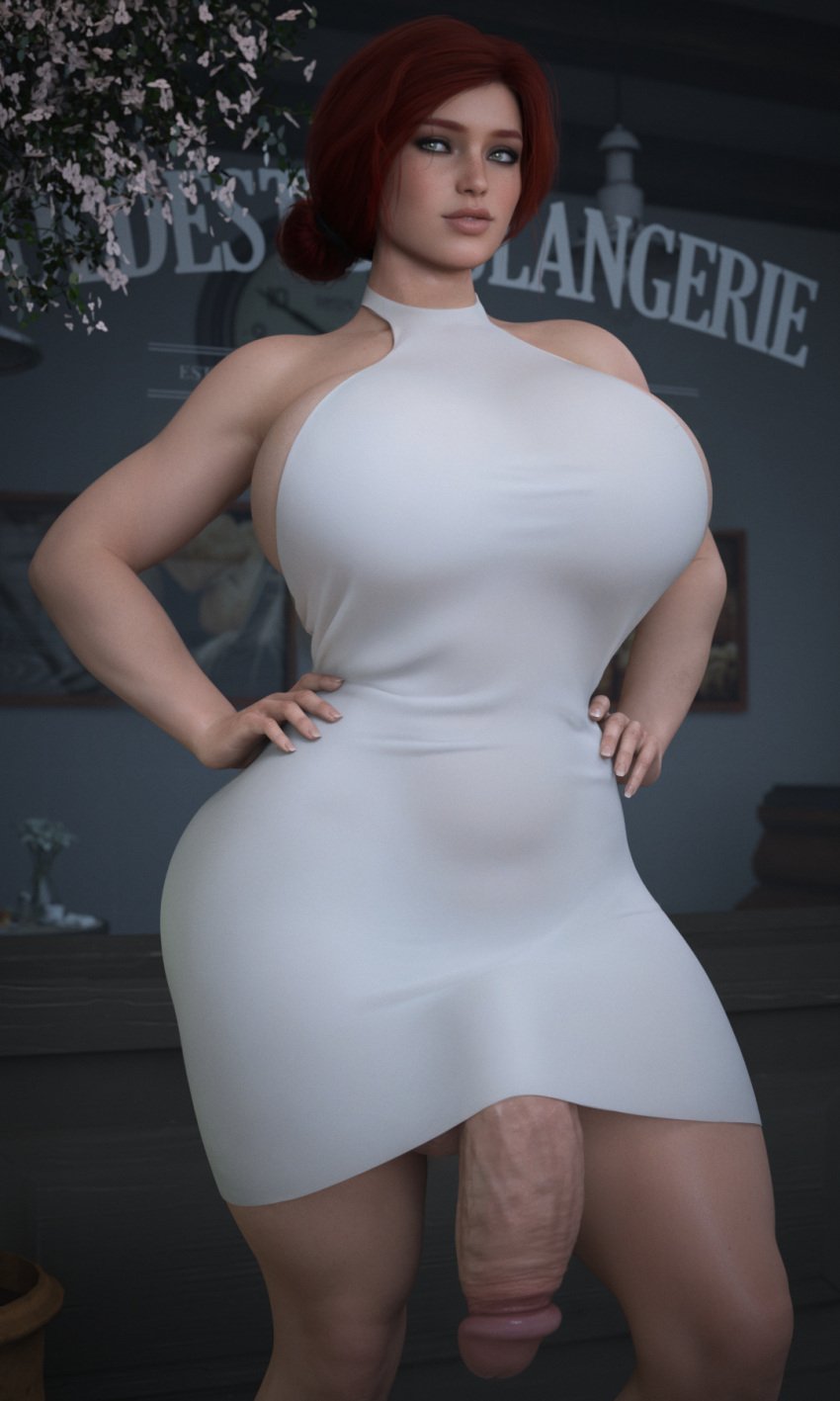 1futa 3d big_breasts big_penis breasts bulge_through_clothing countertop dress futa_only futanari glass hair_bun hand_on_hip intersex penis red_hair stevencarson the_witcher_(series) the_witcher_3:_wild_hunt triss_merigold voluptuous voluptuous_futa voluptuous_futanari white_dress