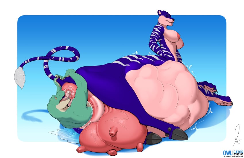 5_fingers absurd_res anal anthro anus areola bovid bovid_taur bovine bovine_taur breasts_and_udders cattle cattle_taur claws countershade_face countershade_torso countershading duo felid felid_taur female fingers genitals green_body hi_res hooves hybrid interspecies male male/female mammal mammal_taur nipples oral owligatorstudios pantherine pantherine_taur pussy quadruped rimming scalie sex tail tail_tuft taur tiger tiger_taur tongue tongue_out tuft udder udders unbirthing vaginal_penetration vein vore
