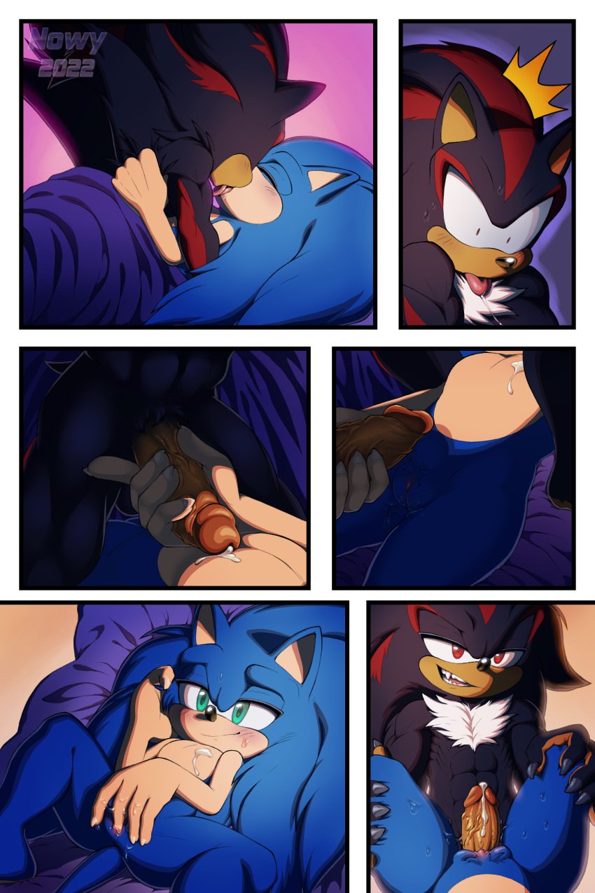 2022 2:3 5_fingers anthro artist_name balls bed bed_covers bedding bedroom biped black_body black_fur black_nose blanket blue_body blue_fur blush blush_lines bodily_fluids chest_tuft closed_eyes comic countershade_fur countershading cuddling cum cum_on_belly cum_on_body cum_on_chest digital_drawing_(artwork) digital_media_(artwork) dripping duo erection eulipotyphlan fangs finger_fuck fingering fingers french_kissing fur furniture genital_fluids genitals green_eyes half-closed_eyes handjob hedgehog hi_res holding_penis hug hugging_another hugging_partner humanoid_hands inside kiss_on_lips kissing looking_at_another looking_pleasured lying making_out male male/male mammal morning morning_wood multicolored_body multicolored_fur muscular muscular_anthro muscular_male narrowed_eyes nowykowski7 nude nude_anthro nude_male on_another on_back on_bed on_partner on_side open_mouth open_smile penile penis pillow pussy pussy_rubbing quills_(anatomy) red_body red_eyes red_fur relationship romantic saliva saliva_drip sega sex shaded shadow_the_hedgehog sleeping smile sonic_(series) sonic_the_hedgehog sonic_the_hedgehog_(series) tan_arms tan_body tan_countershading tan_fur tan_inner_ear teeth text tongue tongue_out tuft under_blanket under_covers vaginal_penetration vein veiny_penis
