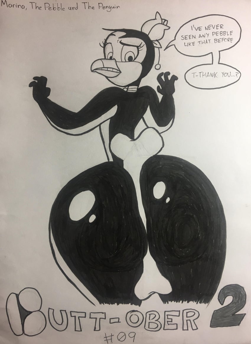 2d 2d_(artwork) 2d_artwork anthro ass ass_bigger_than_head ass_focus avian big_ass big_butt bird bird_girl black_and_white bone bubble_ass bubble_butt darkmoontoons dialog dialogue don_bluth female furry furry_female looking_back marina_(the_pebble_and_the_penguin) penguin penguin_girl tagme the_pebble_and_the_penguin thick thick_ass thick_hips thick_thighs traditional_art traditional_media traditional_media_(artwork)
